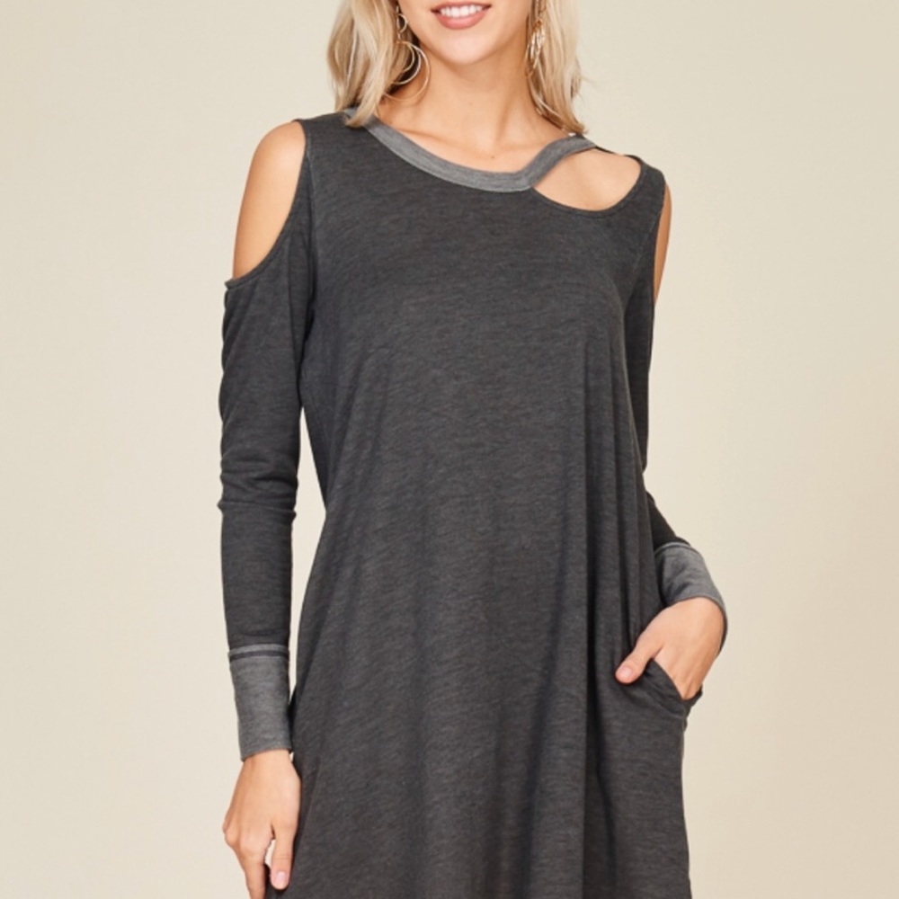 “Jane” Gray Long Sleeve Cold Shoulder Dress - Picture 3 of 4